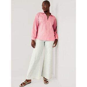 NEW Old Navy Womens Tie-Front Poplin Blouse Top Size XL Pink Long Sleeve Casual